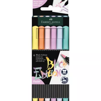 Комплект маркери с четка Faber-Castell Black Edition - 6 пастелни цвята