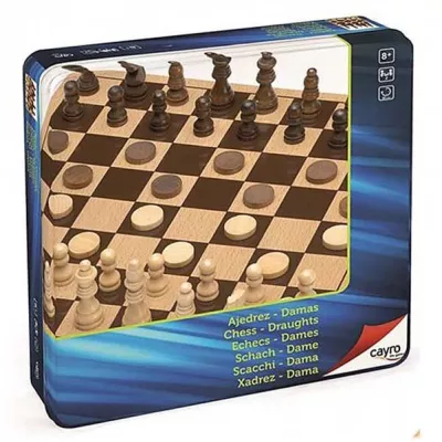 Дървен шах и дама 2 в 1 метална кутия