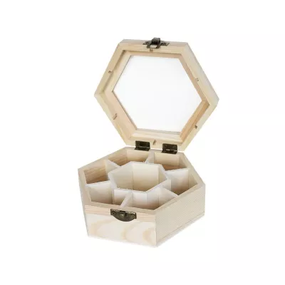 Дървена кутия със стъклен капак - шестоъгълна 13 х 13 см